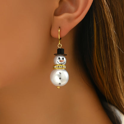 18K Gold Plated Snowman Drop Earrings - Festive Christmas Dangle Earrings with Imitation Pearls and Gemstones for Women