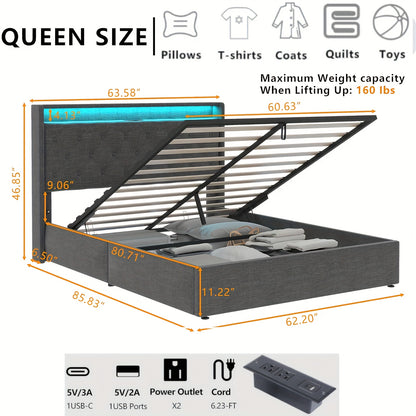 Queen/Full/King Size Luxurious Tufted Wingback Storage Bed – Hydraulic Lift, Ample Under-Bed Storage, Strong Wooden Slats Support – Noise-Free, Contemporary Upholstered Platform Bed Frame