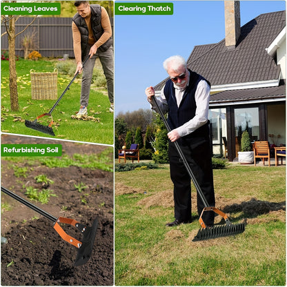 Thatch Rake - 13.4 Inch Wide Lawn Dethatcher with Detachable Handle, Metal Grass Rake for Cleaning Dead Grass and Loosening Soil