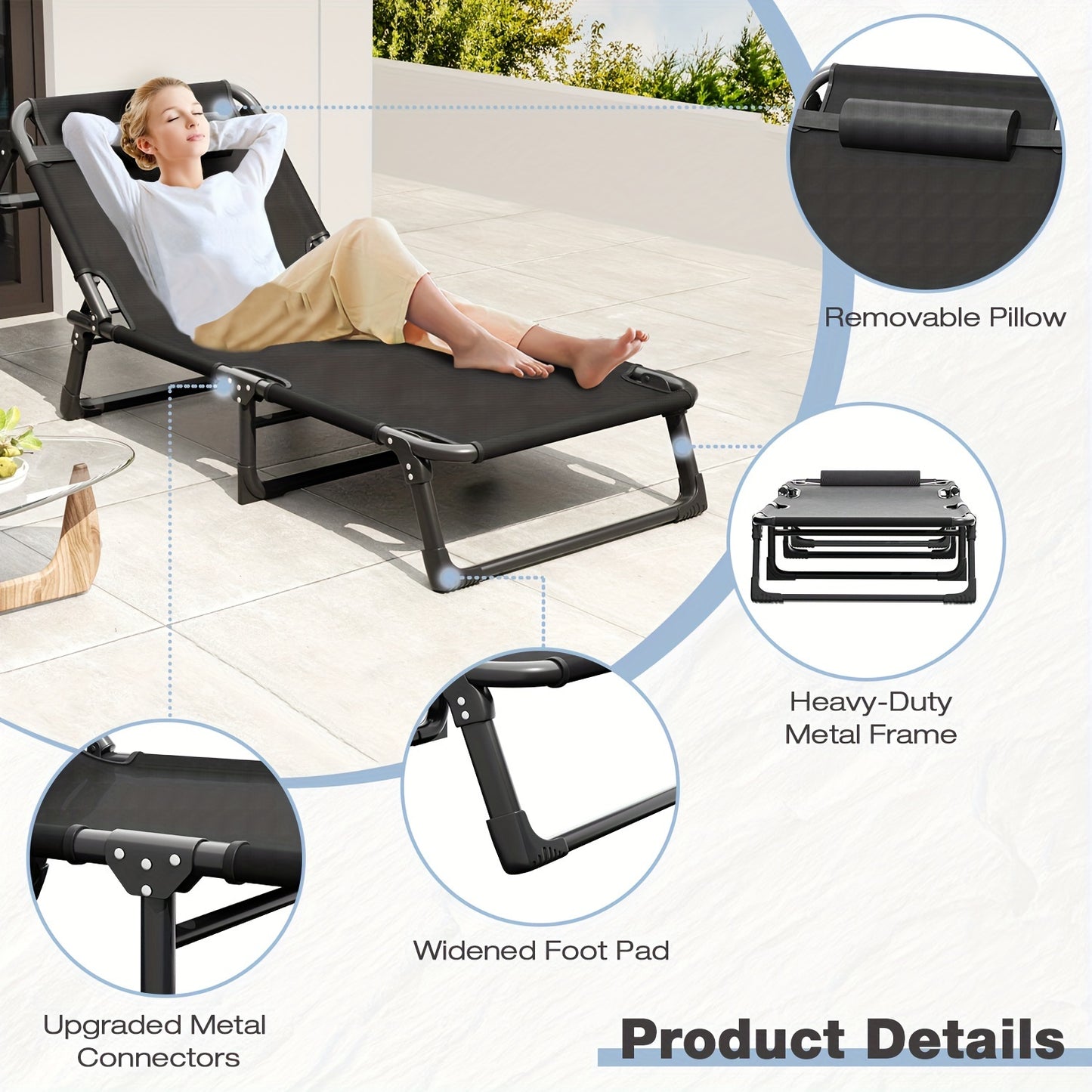 Single Outdoor Folding Lounge Chair – Adjustable Chaise Lounge, Oversized, Portable Tanning Chaise with Detachable Pillow – Ideal for Pool, Beach, Patio Sun Loungers, Black