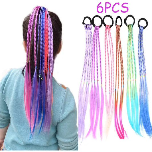 6pcs Girls Hair Accessories Set - Colorful Braided Wig, Ponytail Holders, and Rubber Bands, Perfect for Gifts