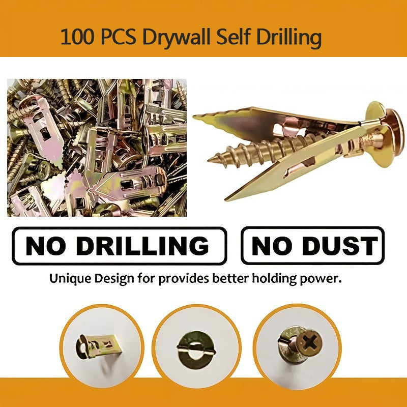 100pcs Heavy-Duty Drywall Anchors Kit - Self-Drilling Screws & Hollow Anchors for TV, Bike, Cabinet Wall Mounting, Easy and Reliable Fastening Solution