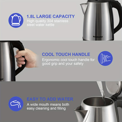 Electric Kettle – 1.8L Hot Water Boiler with Auto Shut Off & Boil-Dry Protection, Stainless Steel Double Wall, BPA Free, Cordless with Heating Base and LED Indicator