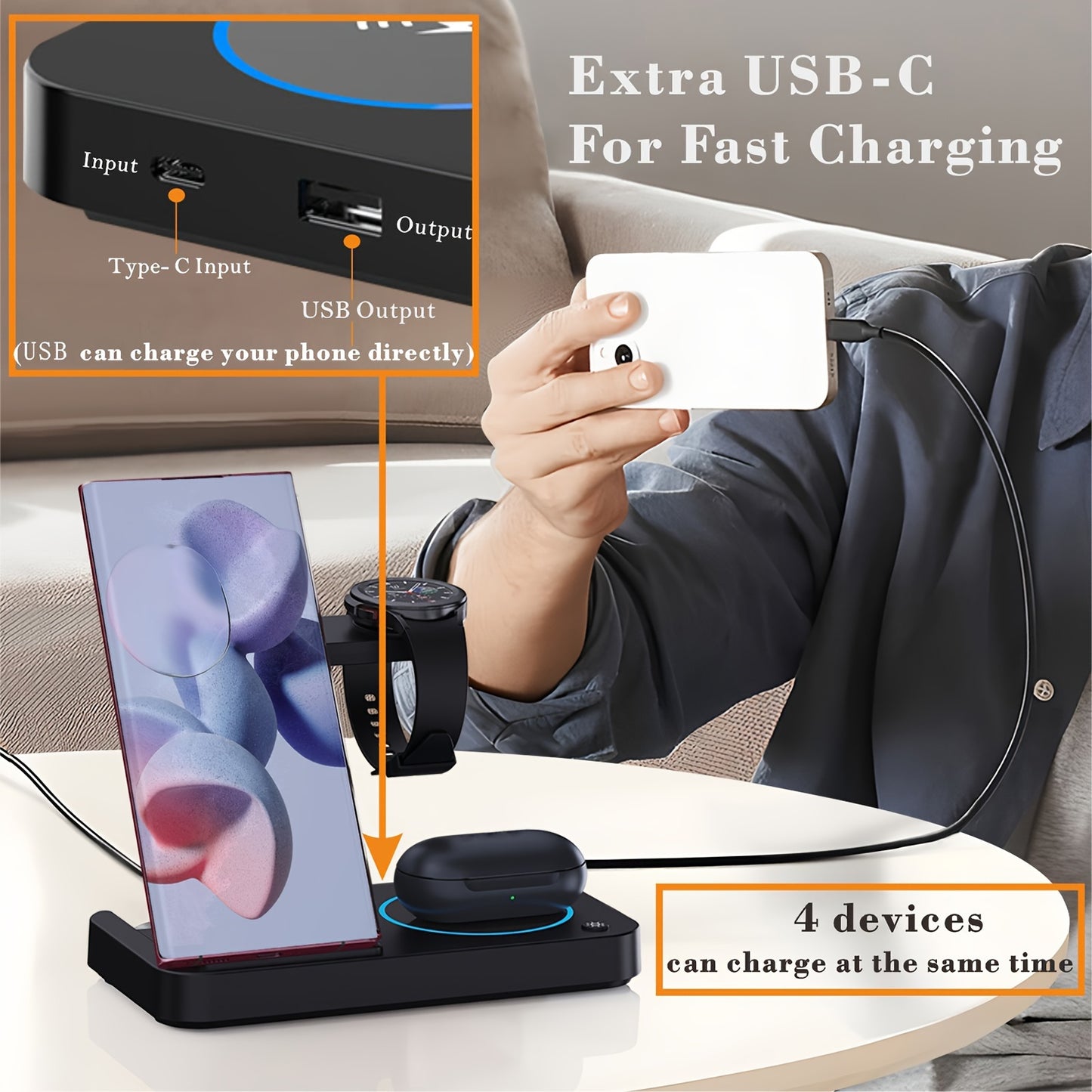 4 in 1 Fast Wireless Charger Station for Samsung - Charging Dock for Android Phones, Galaxy Buds, and Watches with LED Night Light, Compatible with S24 Ultra, S23, S22, Note 20 Plus, Z Flip 5, Fold 5, and More