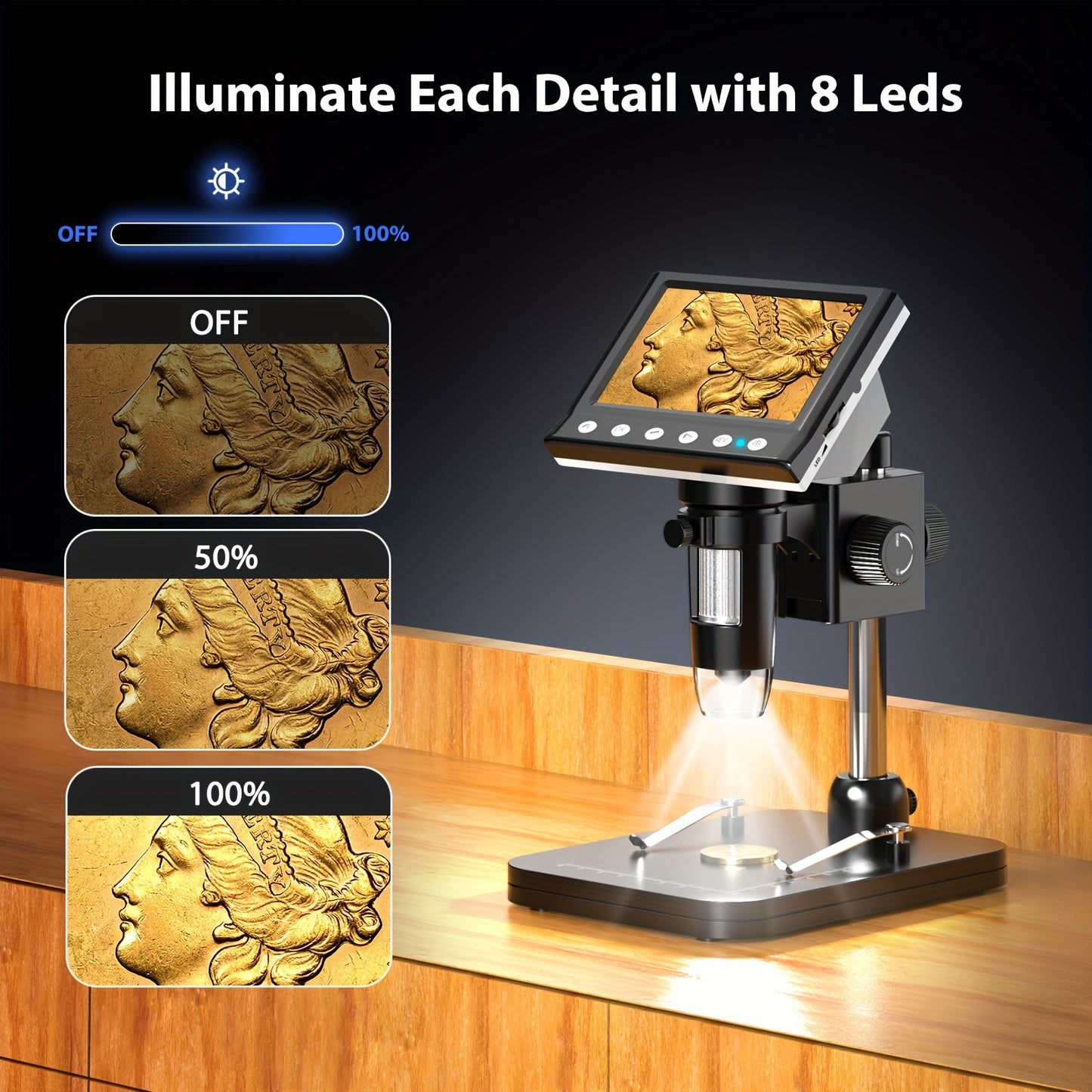 1000X HD 1080P Digital Microscope - 4.3'' Screen with 8 LEDs, Windows Compatible, Ideal for Coin Collection and Inspection