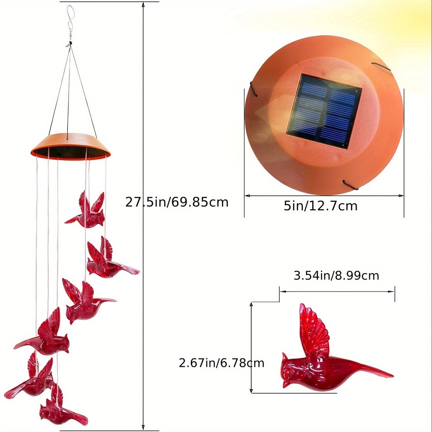 Red Cardinal Bird Solar Wind Chimes with LED Lights - 4 Tubes, Waterproof Garden Decor for Patio, Perfect Gift for Mom, Grandma, Wife