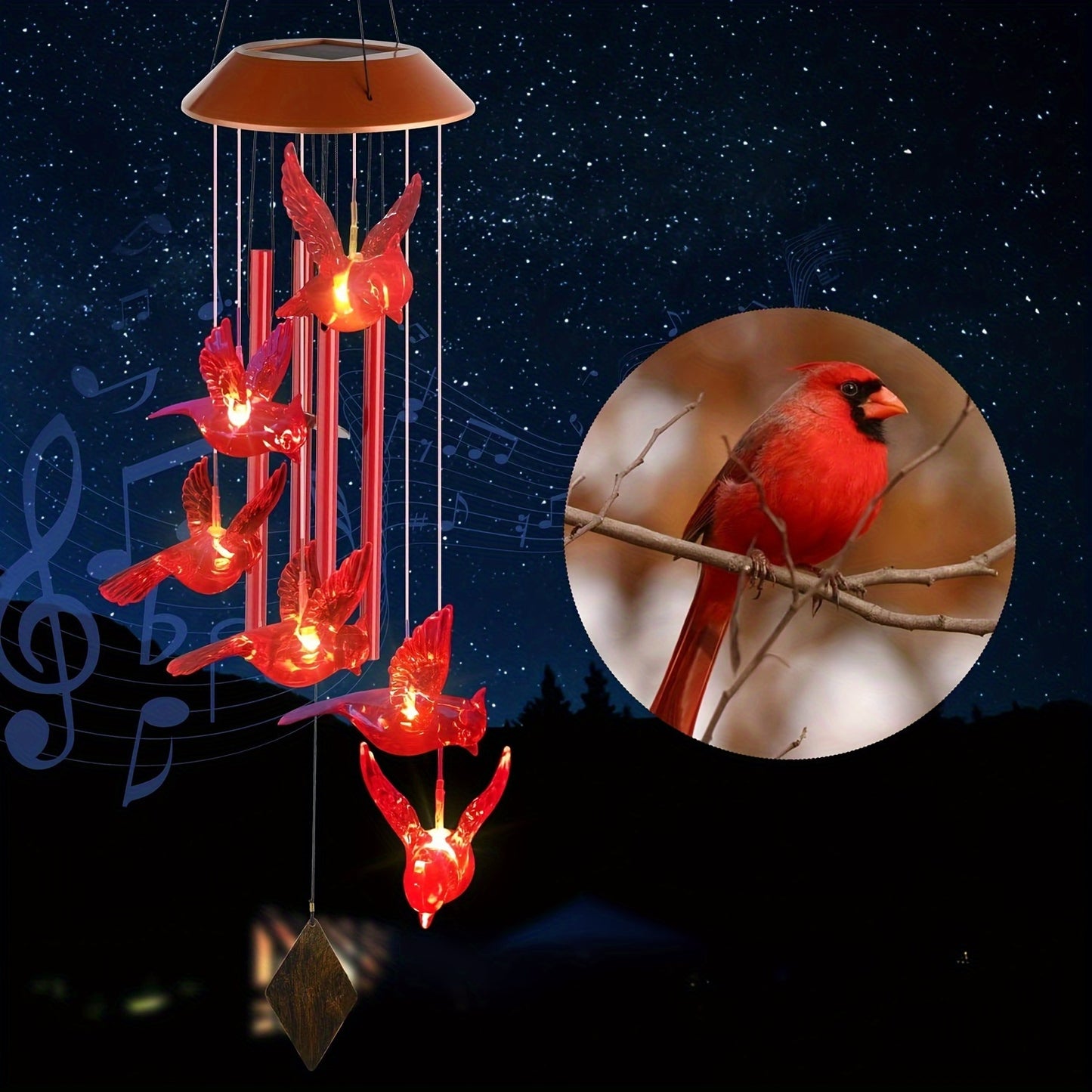 Red Cardinal Bird Solar Wind Chimes with LED Lights - 4 Tubes, Waterproof Garden Decor for Patio, Perfect Gift for Mom, Grandma, Wife