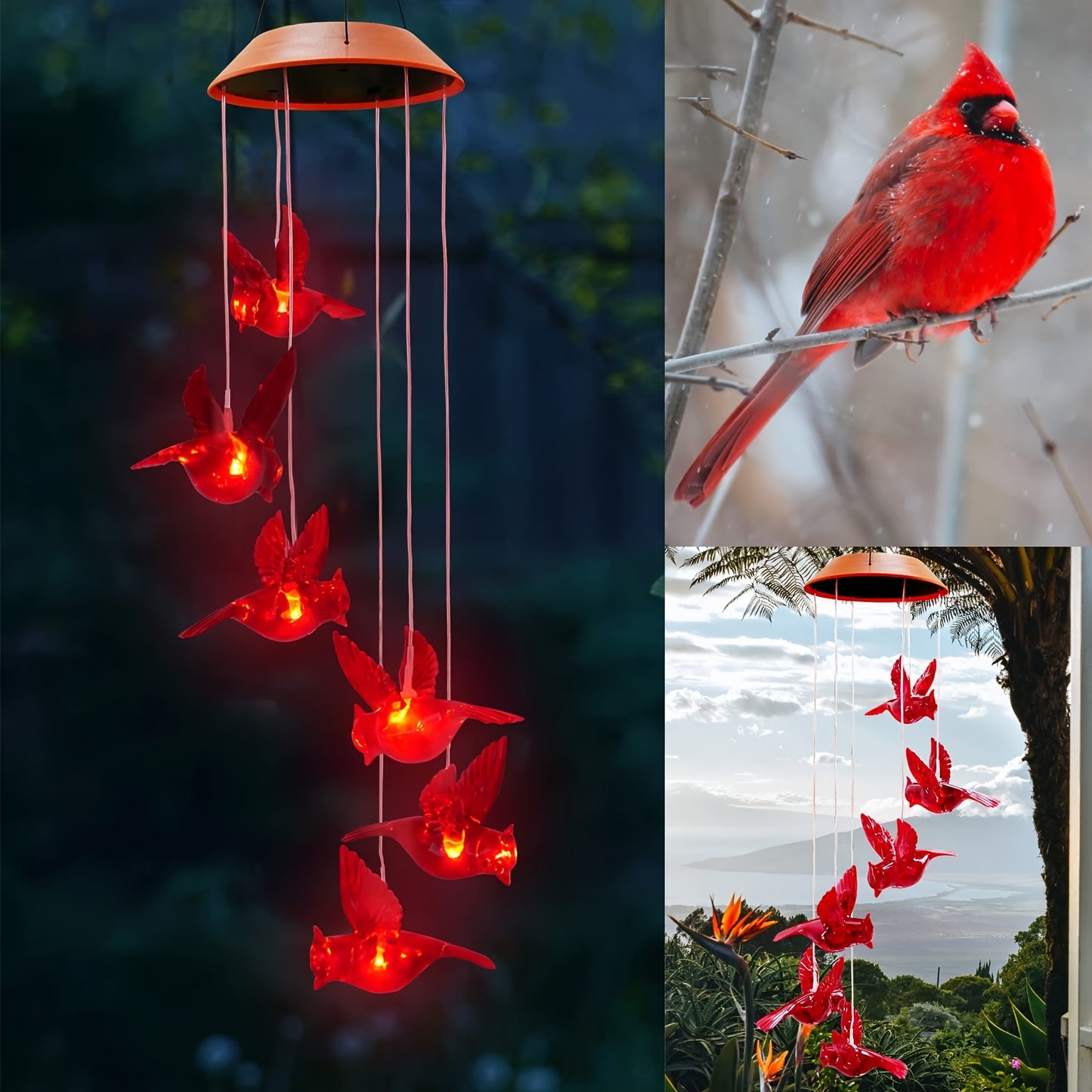 Red Cardinal Bird Solar Wind Chimes with LED Lights - 4 Tubes, Waterproof Garden Decor for Patio, Perfect Gift for Mom, Grandma, Wife