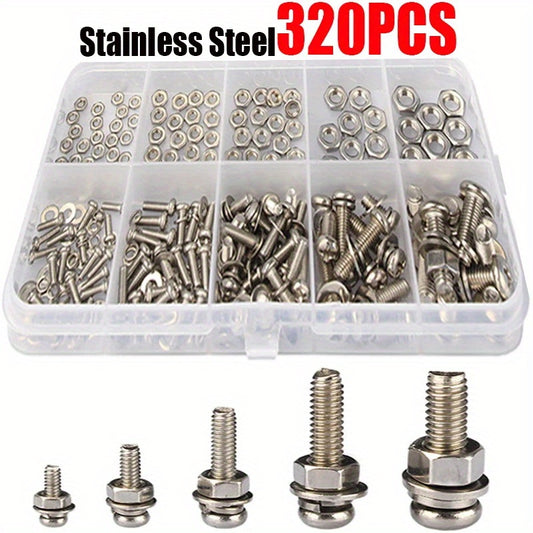 320pcs Premium Stainless Steel SS304 Screw and Nut Assortment Kit – Corrosion-Resistant, Snap-In Nuts, M2 to M5 Sizes – Ideal for DIY, Repair, and Industrial Applications