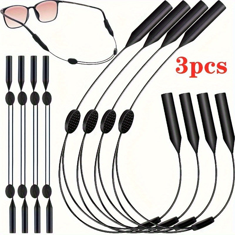 3pcs Classic Black Glasses Straps – Adjustable, Comfortable Sunglasses Lanyards for Outdoor Sports – Eyewear Retainers with Soft Rubber Grip, Easy to Use, Stylish Design