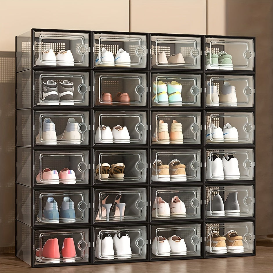 6/12pcs Large Capacity Transparent Plastic Shoe Boxes - Thickened, Clip-On Lid, Foldable, Stackable - Space-Saving Storage Organizer for Entryway, Bedroom, Home, Dorm - Easy to Assemble