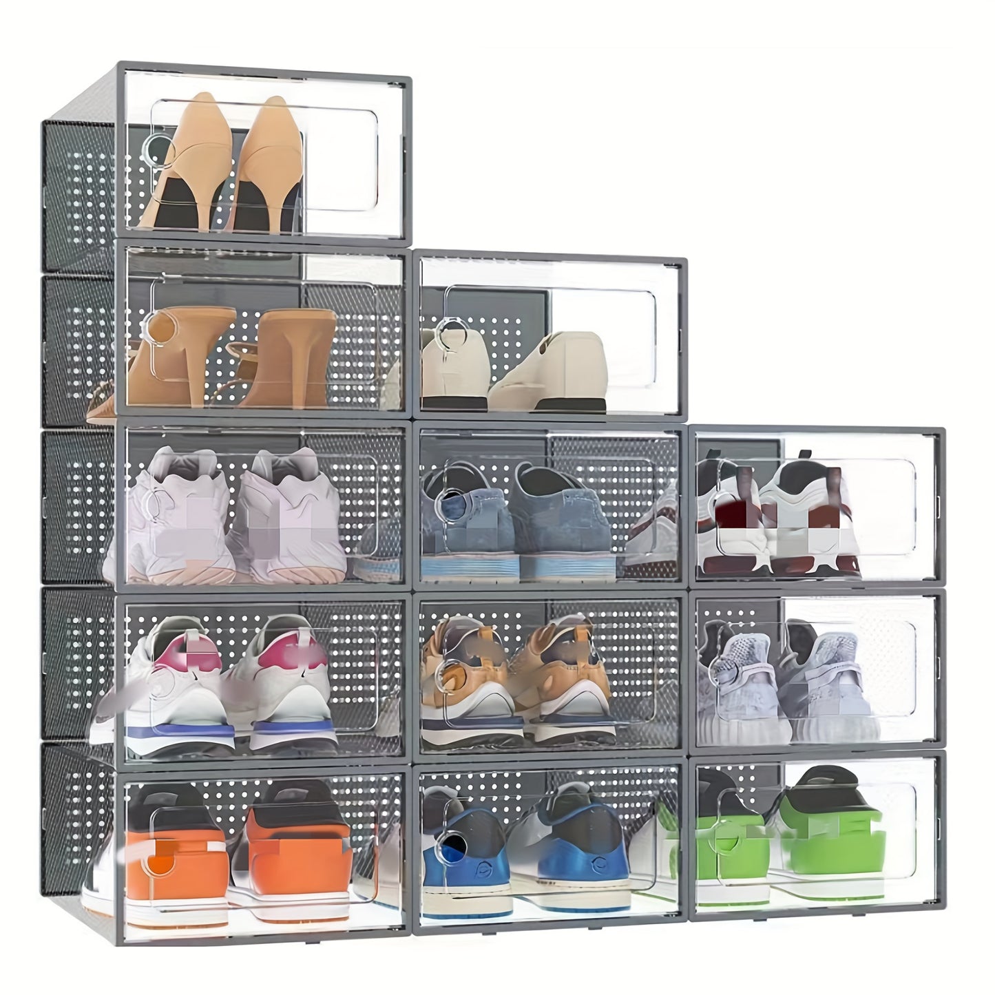 6/12pcs Large Capacity Transparent Plastic Shoe Boxes - Thickened, Clip-On Lid, Foldable, Stackable - Space-Saving Storage Organizer for Entryway, Bedroom, Home, Dorm - Easy to Assemble