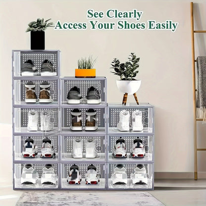 6/12pcs Large Capacity Transparent Plastic Shoe Boxes - Thickened, Clip-On Lid, Foldable, Stackable - Space-Saving Storage Organizer for Entryway, Bedroom, Home, Dorm - Easy to Assemble