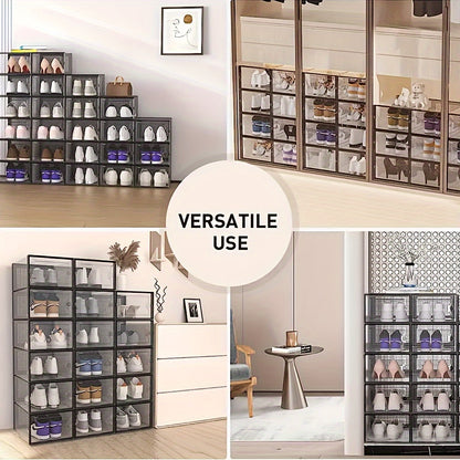 6/12pcs Large Capacity Transparent Plastic Shoe Boxes - Thickened, Clip-On Lid, Foldable, Stackable - Space-Saving Storage Organizer for Entryway, Bedroom, Home, Dorm - Easy to Assemble