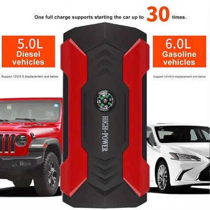 1pc Portable 29,800mAh Car Jump Starter – Emergency Battery Charger with Flashlight and Compass, Power Supply for Cell Phones, Cars, Motorcycles, Yachts, and Outdoor Activities