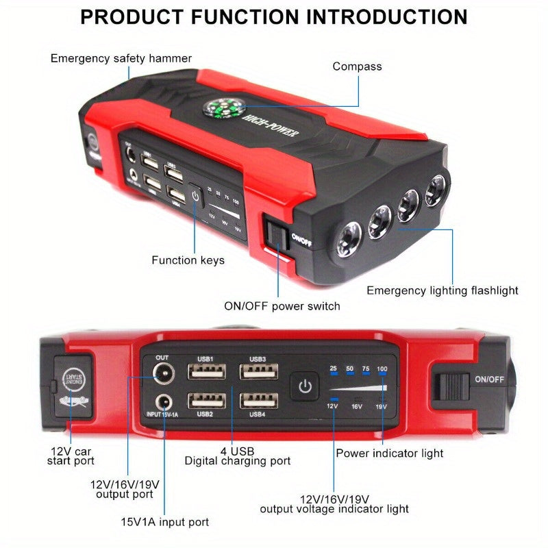 1pc Portable 29,800mAh Car Jump Starter – Emergency Battery Charger with Flashlight and Compass, Power Supply for Cell Phones, Cars, Motorcycles, Yachts, and Outdoor Activities