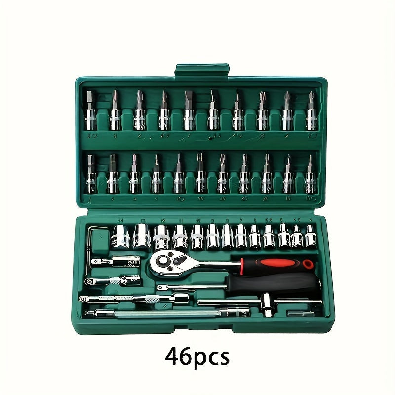 46-Piece 1/4 Inch Drive Socket Ratchet Wrench Set with Bit Sockets and Extension Bar – Includes Storage Case for Auto Repair and Household Use