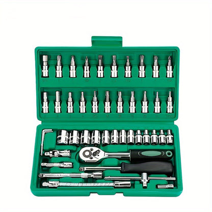 46-Piece 1/4 Inch Drive Socket Ratchet Wrench Set with Bit Sockets and Extension Bar – Includes Storage Case for Auto Repair and Household Use