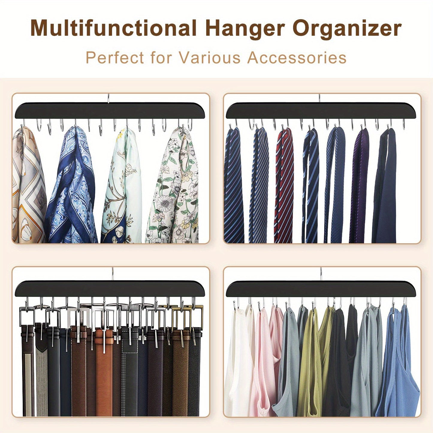 14pcs Wooden Belt Hangers with Polished Hooks - Multi-Functional Organizer for Ties, Scarves, Vests, and Accessories - Space-Saving Durable Wardrobe Storage for Home, Dorm, and Retail