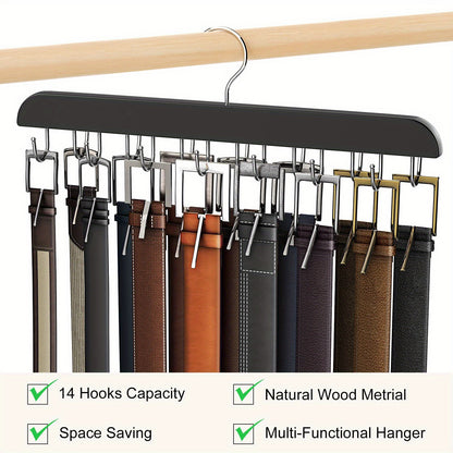 14pcs Wooden Belt Hangers with Polished Hooks - Multi-Functional Organizer for Ties, Scarves, Vests, and Accessories - Space-Saving Durable Wardrobe Storage for Home, Dorm, and Retail