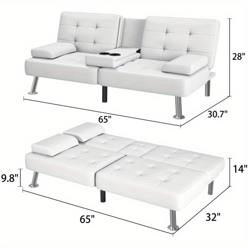 66'' Wide Faux Leather Convertible Reclining Sofa - Upholstered with Cup Holder