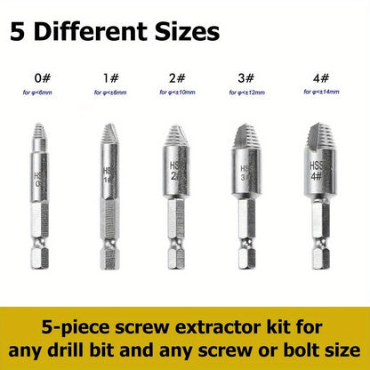 5Pcs Damaged Screw Extractor Set - High-Speed Steel Manual Metal Bolt Remover for Stripped Screws, Easy Out Drill Bits, No Electricity Needed