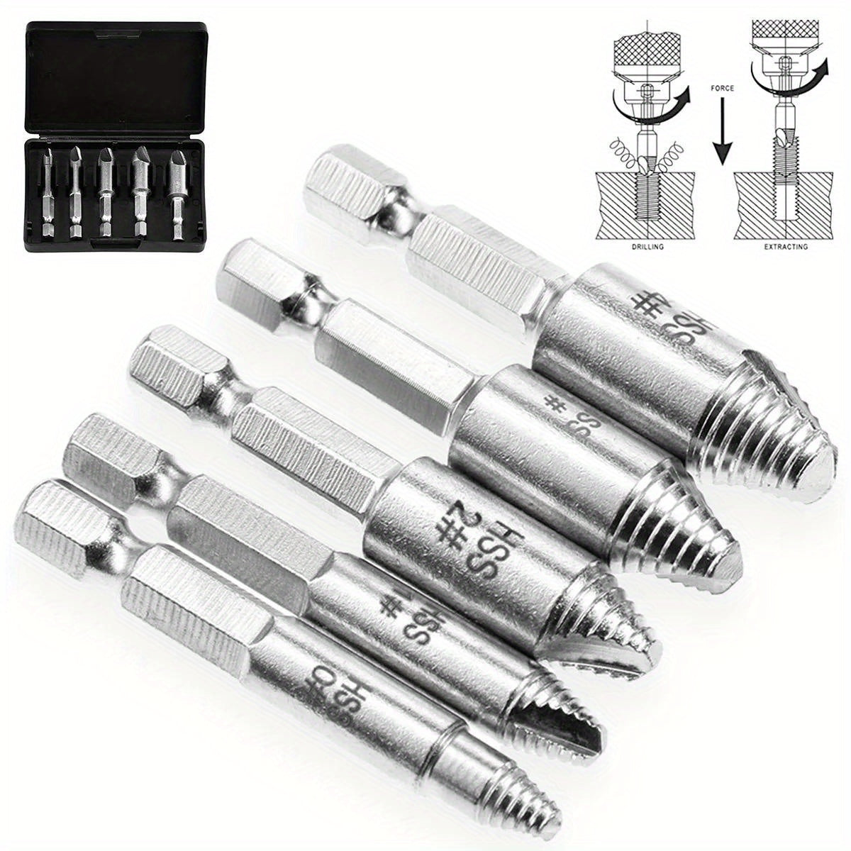 5Pcs Damaged Screw Extractor Set - High-Speed Steel Manual Metal Bolt Remover for Stripped Screws, Easy Out Drill Bits, No Electricity Needed