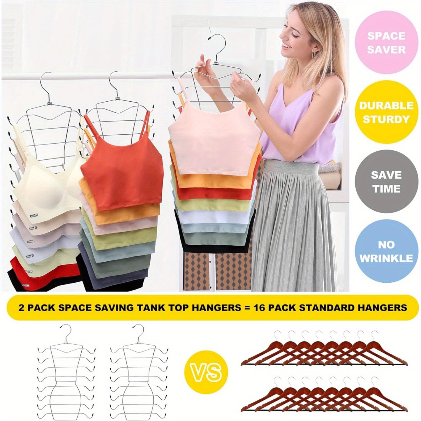 2 Pack Stainless Steel Closet Organizer - 8-Tier Heavy-Duty Tank Top and Bra Hanger - Foldable Space-Saving Solution for College Girls