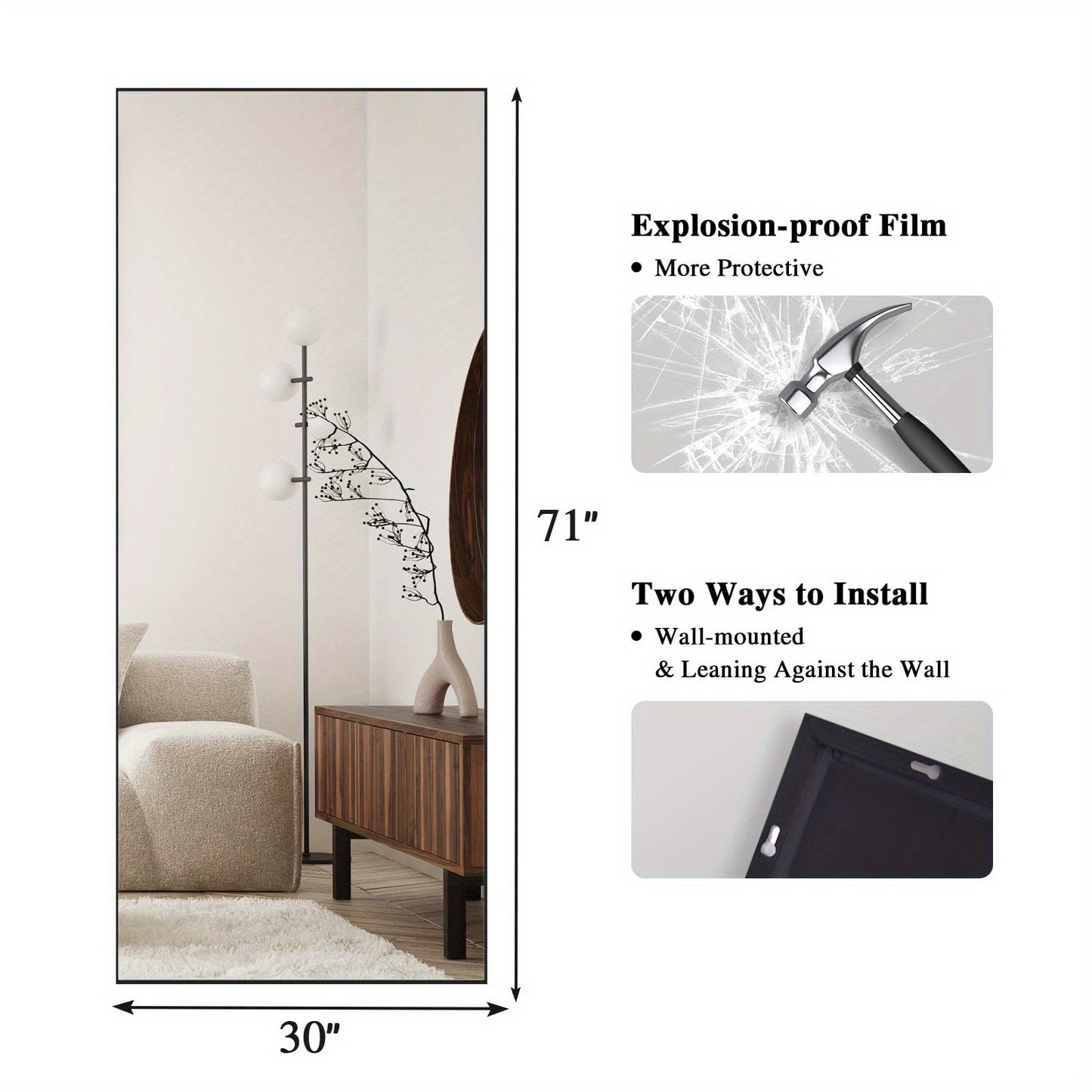 Oversized Full Length Floor Mirror – Aluminum Alloy Frame, Standing or Leaning, Full Body Mirror for Bedroom, Bathroom, Living Room, Black