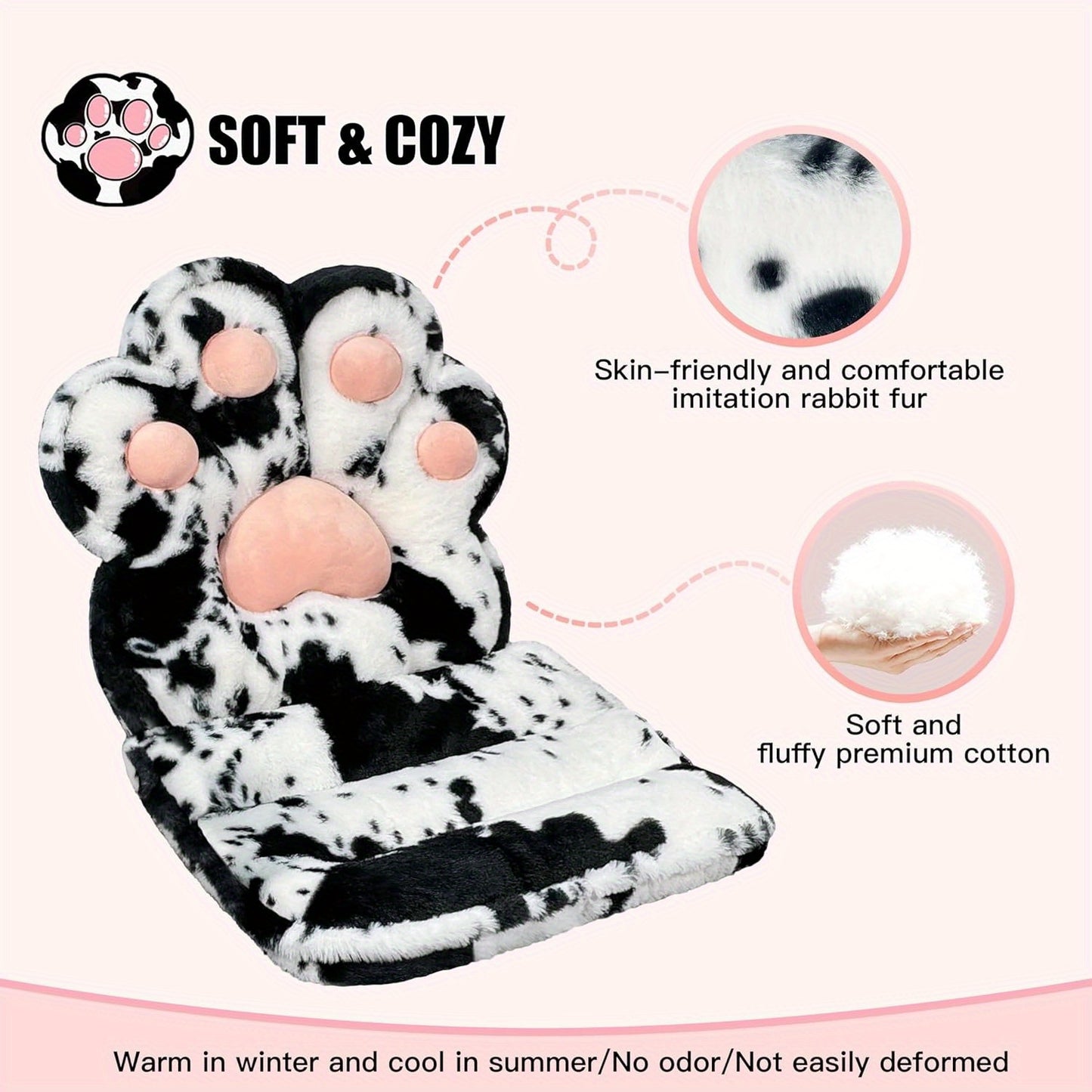 L-Shape Cat Paw Cushion - Soft Faux Rabbit Fur Gaming Chair Pillow, Kawaii Floor Seat for Room Decor and Office Chair, Cute Plush Cushion for Gamer Girls