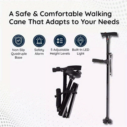 Twin Grip Multi-Function Folding Walking Cane - Adjustable Cane with Double Handle, LED Lights, Built-in SOS Alarm, and Cushion Handle for Men and Women (Black)