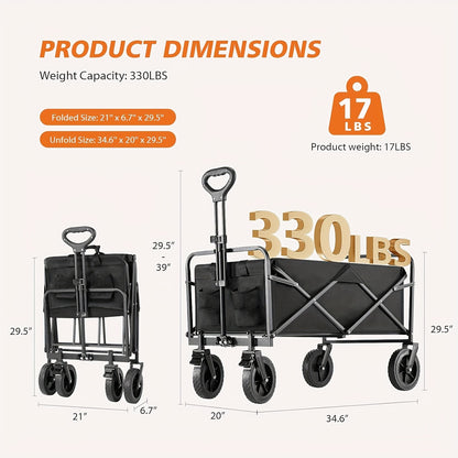 Collapsible Foldable Wagon Cart – 220/330LBS Heavy Duty Utility Garden Cart with All-Terrain Wheels for Beach, Lawn, Sports, Camping, 30 Inches, Black