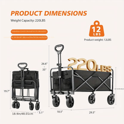 Collapsible Foldable Wagon Cart – 220/330LBS Heavy Duty Utility Garden Cart with All-Terrain Wheels for Beach, Lawn, Sports, Camping, 30 Inches, Black