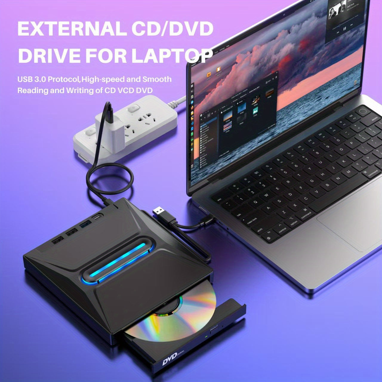 2024 New Luminous 3 USB 3.0 External CD/DVD Drive – Type-C Portable DVD±RW Player Hub with SD Card Reader, Compatible with Windows, Linux, and Mac