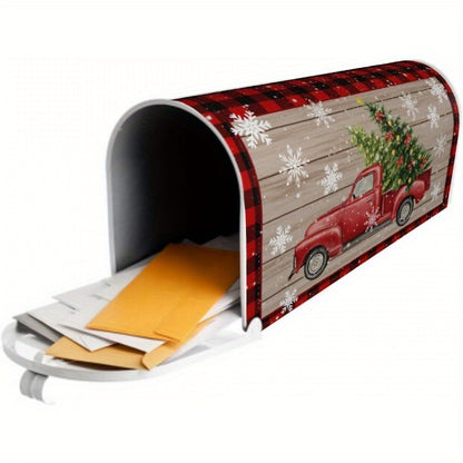 Magnetic Christmas Mailbox Cover – 18x21 Standard Size, Festive Winter Scene with Car, Tree and Snowflakes in Red Plaid, Outdoor Holiday Decor