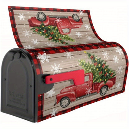 Magnetic Christmas Mailbox Cover – 18x21 Standard Size, Festive Winter Scene with Car, Tree and Snowflakes in Red Plaid, Outdoor Holiday Decor