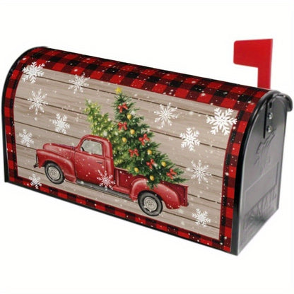 Magnetic Christmas Mailbox Cover – 18x21 Standard Size, Festive Winter Scene with Car, Tree and Snowflakes in Red Plaid, Outdoor Holiday Decor