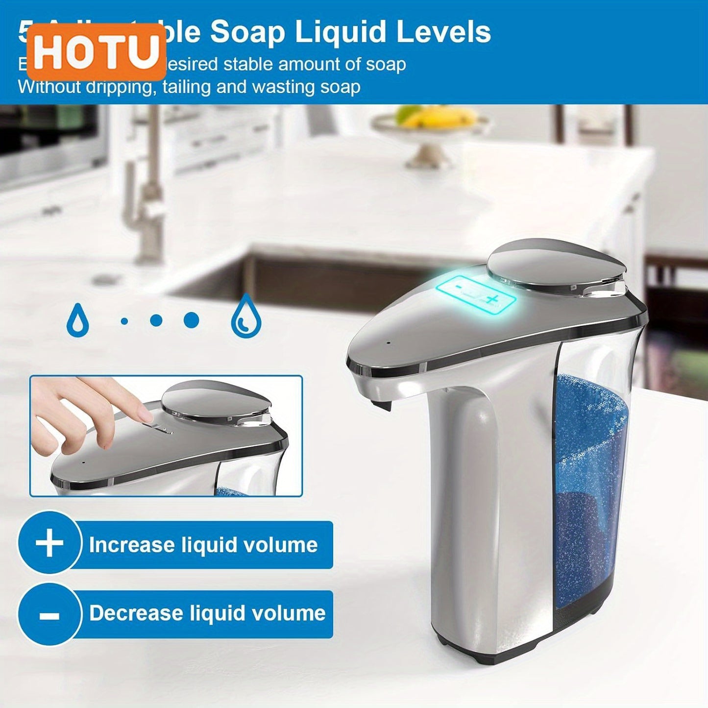 17oz/500ml Automatic Touchless Soap Dispenser - Infrared Sensor with 5 Adjustable Levels, Easy Refill, Silvery Bathroom Electronic for Efficient Hand Washing