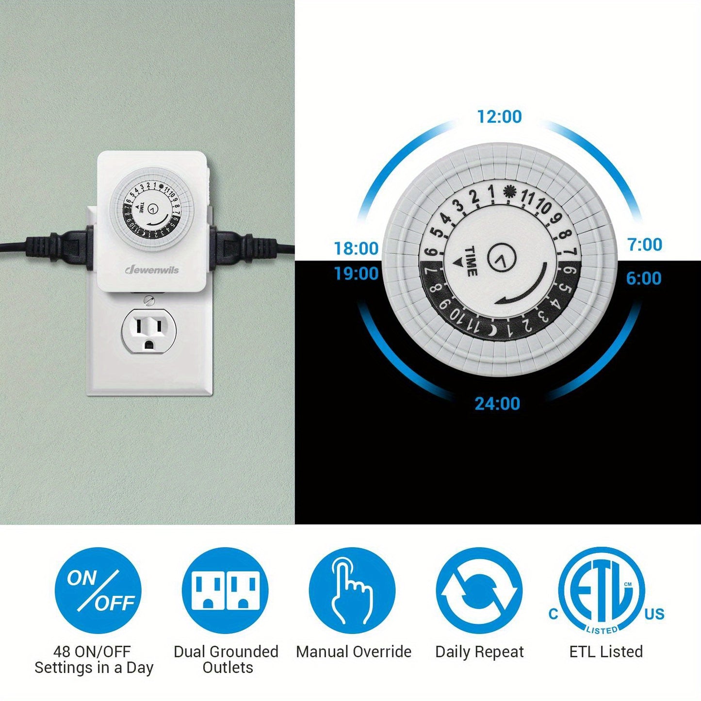 2 Pack DEWENWILS 24-Hour Mechanical Indoor Timer - Programmable Plug-in with 2 Grounded Outlets, Daily On/Off Cycle - Model HIMT12W