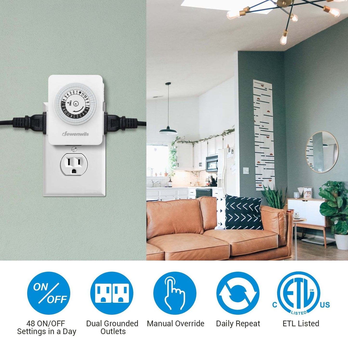 2 Pack DEWENWILS 24-Hour Mechanical Indoor Timer - Programmable Plug-in with 2 Grounded Outlets, Daily On/Off Cycle - Model HIMT12W