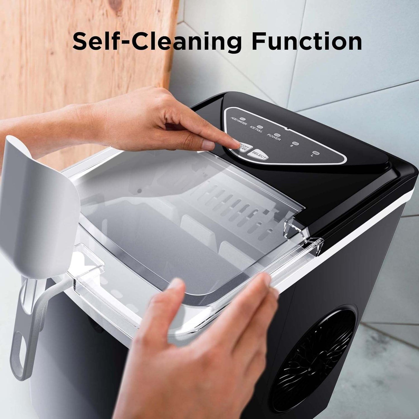 Self-Cleaning Ice Maker - Produces 26 lbs of Ice Daily, 9 Cubes in 6 Minutes - Perfect for Home, Kitchen, Office, Bar, and Parties - Silver