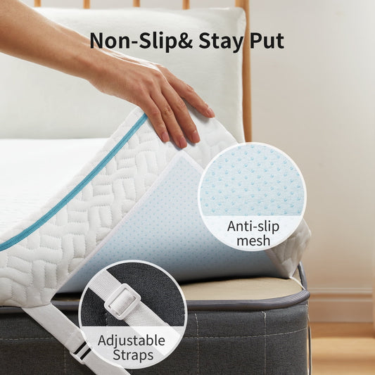 Adjustable Gel Memory Foam Mattress Topper - 3 Inch with Non-Slip Backing, Odorless, Washable Cover