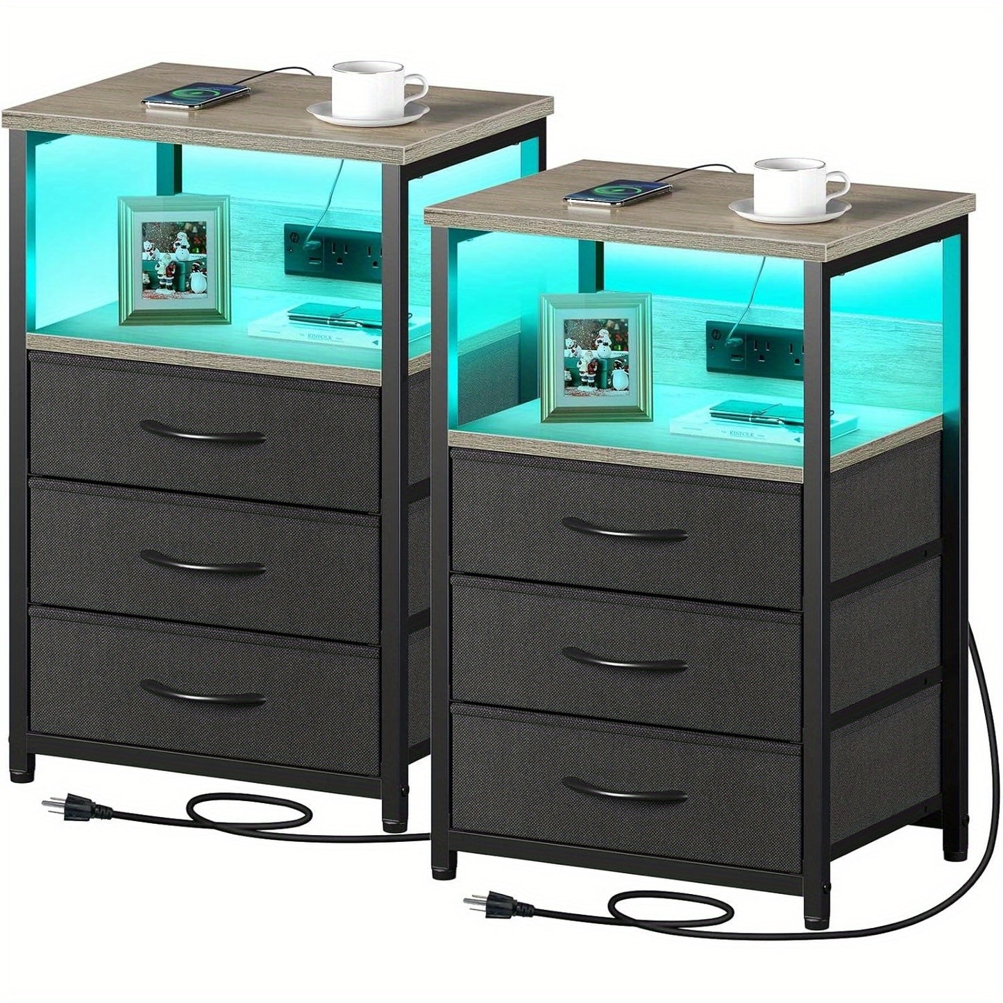 Set of 2 Nightstands with Charging Station and LED Light: Bedside Tables with 3 Fabric Drawers, USB Ports, and Outlets for Bedroom