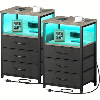 Set of 2 Nightstands with Charging Station and LED Light: Bedside Tables with 3 Fabric Drawers, USB Ports, and Outlets for Bedroom