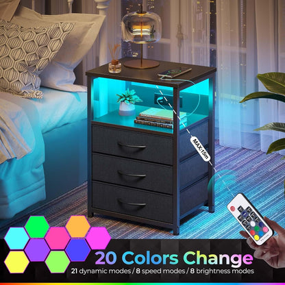 Set of 2 Nightstands with Charging Station and LED Light: Bedside Tables with 3 Fabric Drawers, USB Ports, and Outlets for Bedroom