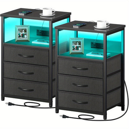 Set of 2 Nightstands with Charging Station and LED Light: Bedside Tables with 3 Fabric Drawers, USB Ports, and Outlets for Bedroom