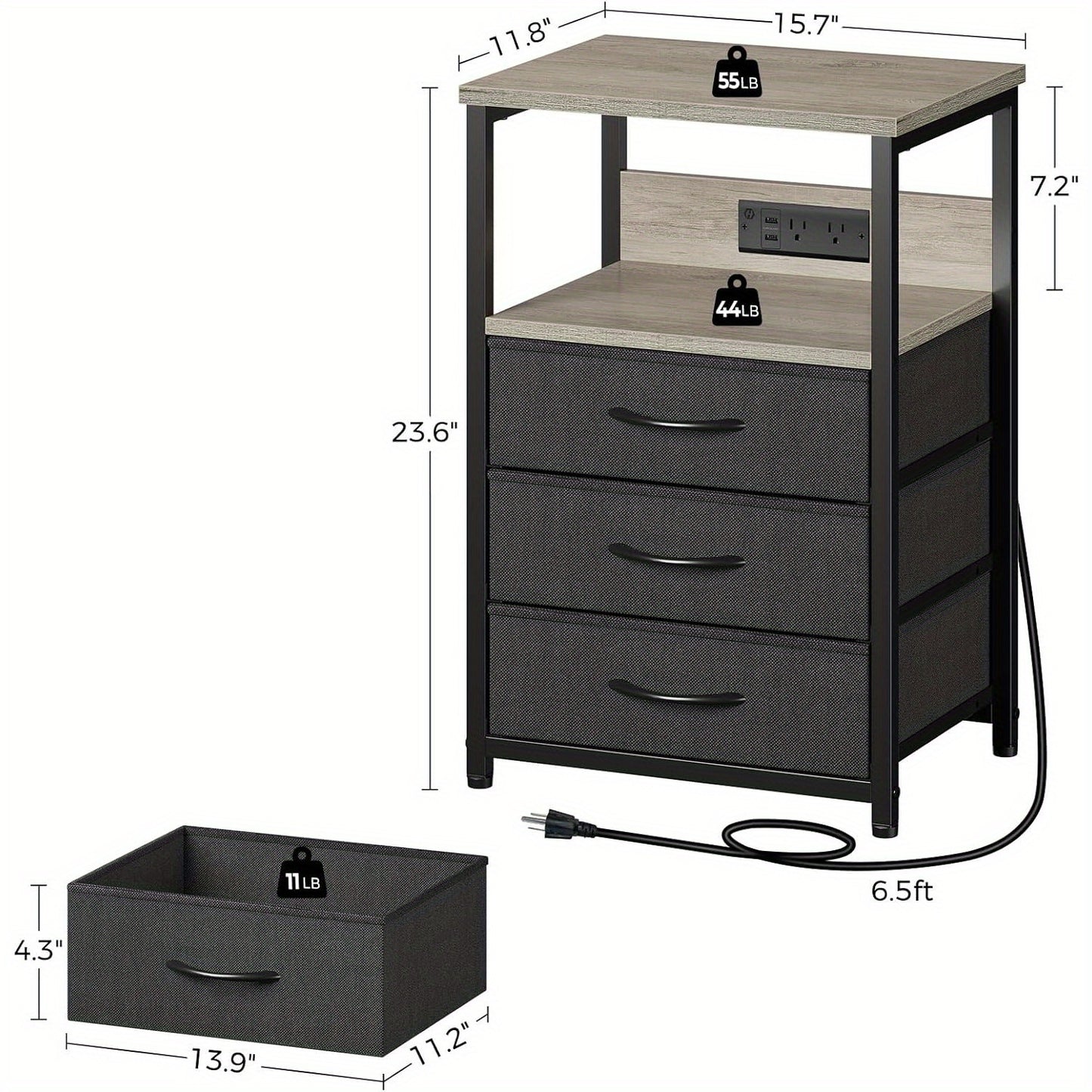 Set of 2 Nightstands with Charging Station and LED Light: Bedside Tables with 3 Fabric Drawers, USB Ports, and Outlets for Bedroom