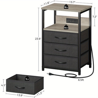 Set of 2 Nightstands with Charging Station and LED Light: Bedside Tables with 3 Fabric Drawers, USB Ports, and Outlets for Bedroom