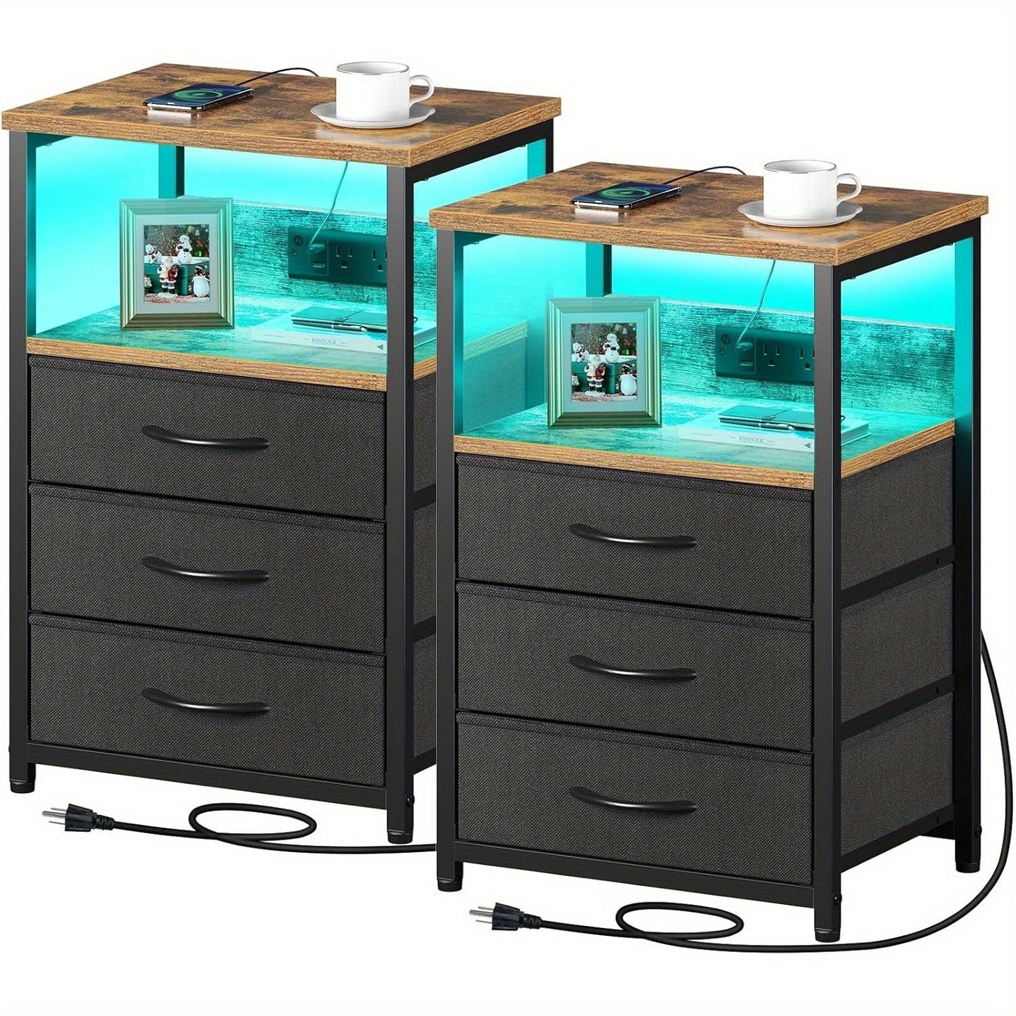 Set of 2 Nightstands with Charging Station and LED Light: Bedside Tables with 3 Fabric Drawers, USB Ports, and Outlets for Bedroom