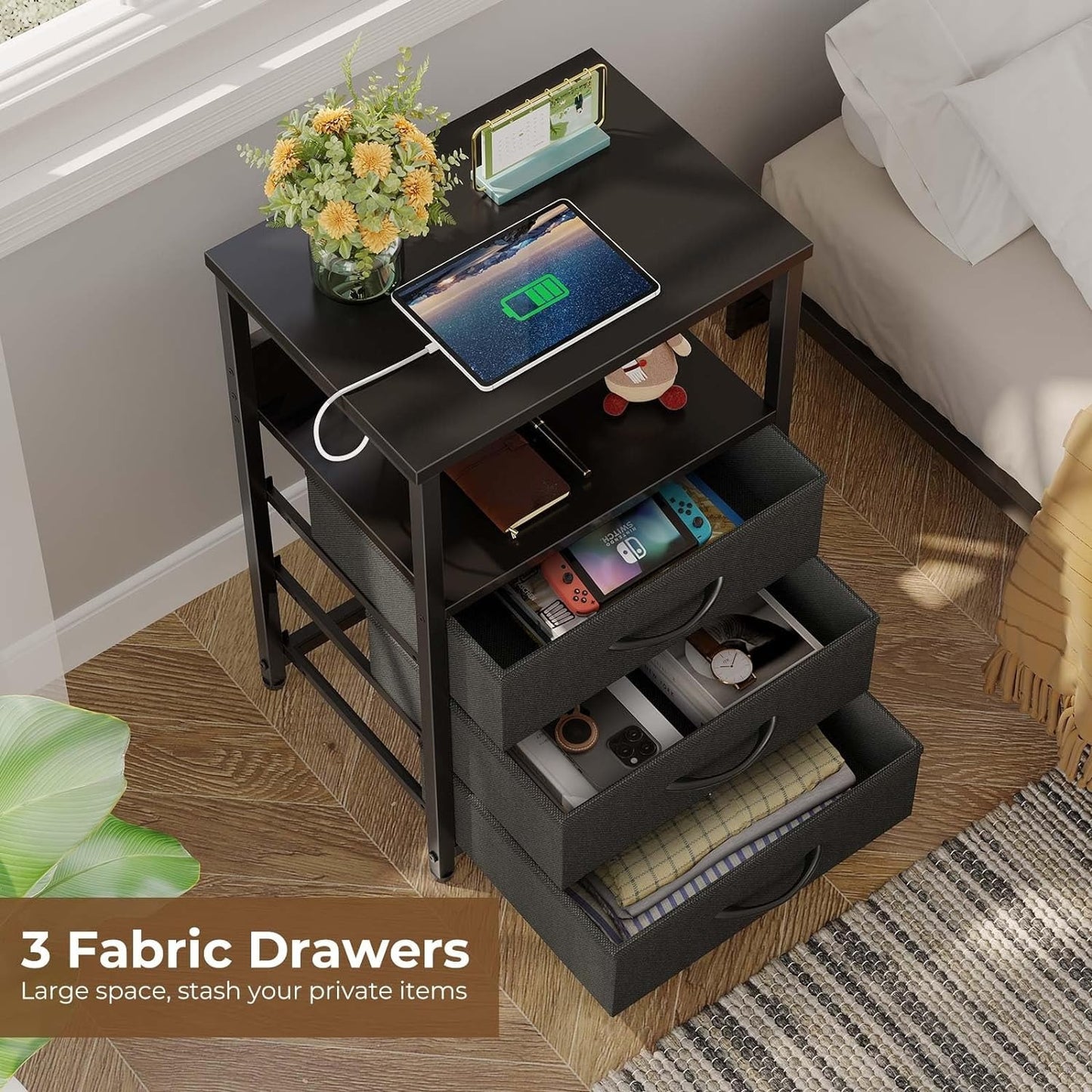 Set of 2 Nightstands with Charging Station and LED Light: Bedside Tables with 3 Fabric Drawers, USB Ports, and Outlets for Bedroom